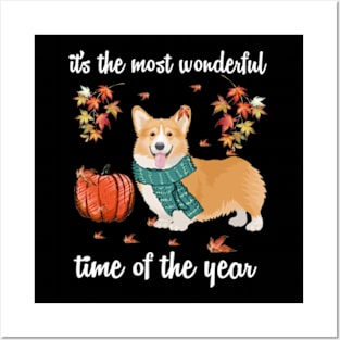 Corgi Dog Autumn Fall Most Wonderful Time Maple Gift Posters and Art